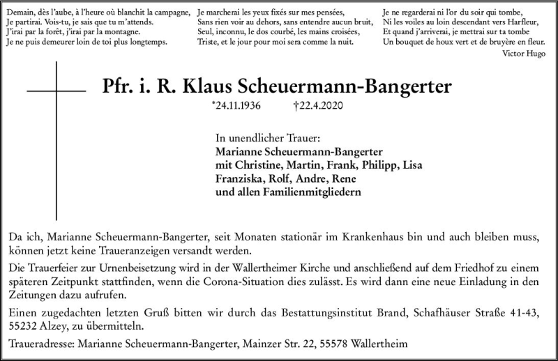  Traueranzeige für Klaus Scheuermann-Bangerter vom 25.04.2020 aus vrm-trauer