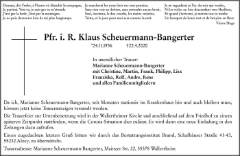 Traueranzeige von Klaus Scheuermann-Bangerter von vrm-trauer