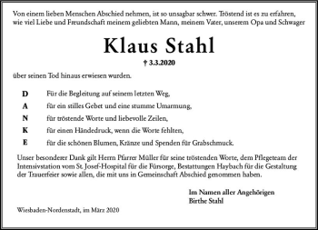 Traueranzeige von Klaus Stahl von vrm-trauer