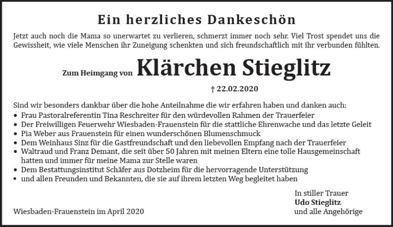  Traueranzeige für Klärchen Stieglitz vom 18.04.2020 aus vrm-trauer