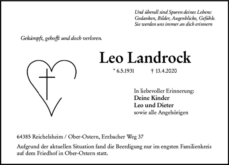  Traueranzeige für Leo Landrock vom 25.04.2020 aus vrm-trauer