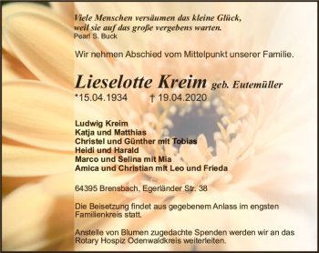 Traueranzeige von Lieselotte Kreim von vrm-trauer