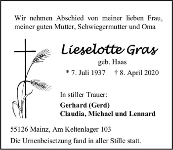 Traueranzeige von Liselotte Gras von vrm-trauer