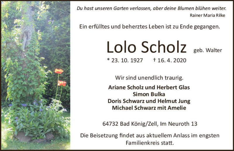  Traueranzeige für Lolo Scholz vom 25.04.2020 aus vrm-trauer
