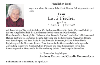 Traueranzeige von Lotti Fischer von vrm-trauer