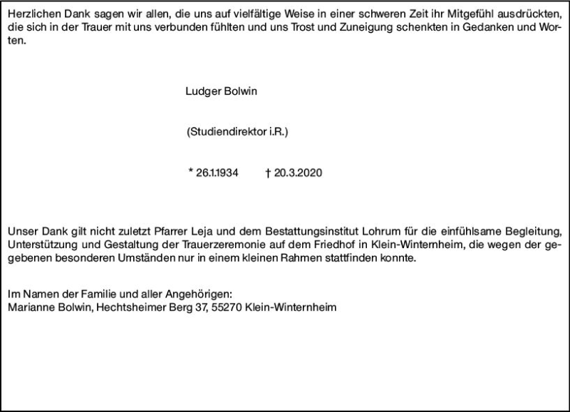  Traueranzeige für Ludger Bolwin vom 09.04.2020 aus vrm-trauer