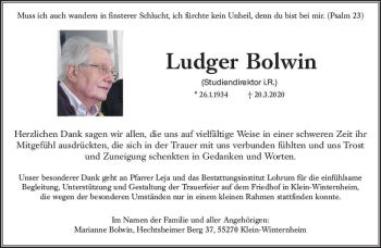 Traueranzeige von Ludger Bolwin von vrm-trauer