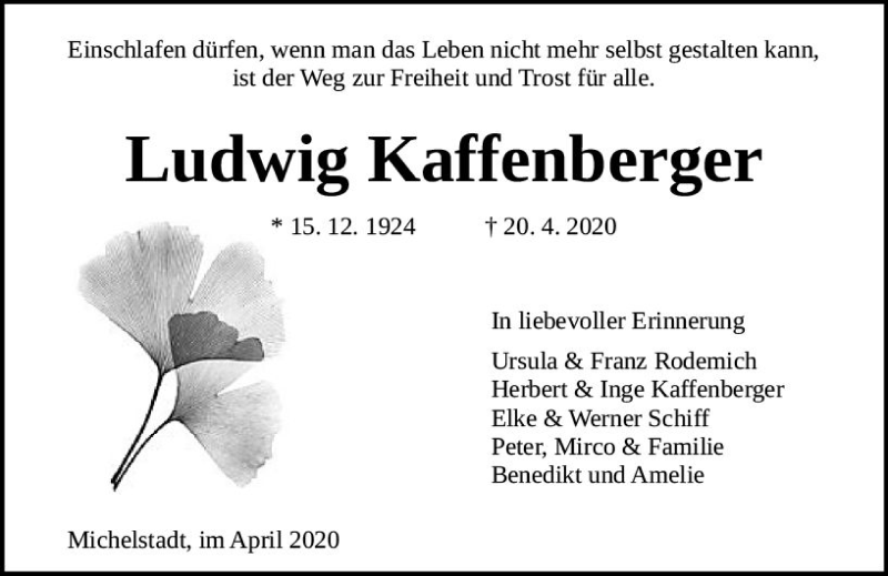  Traueranzeige für Ludwig Kaffenberger vom 25.04.2020 aus vrm-trauer