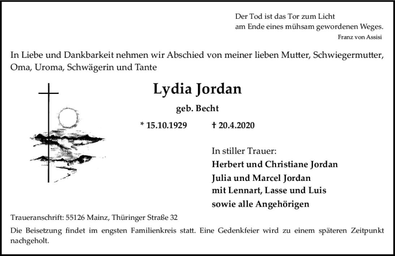  Traueranzeige für Lydia Jordan vom 25.04.2020 aus vrm-trauer
