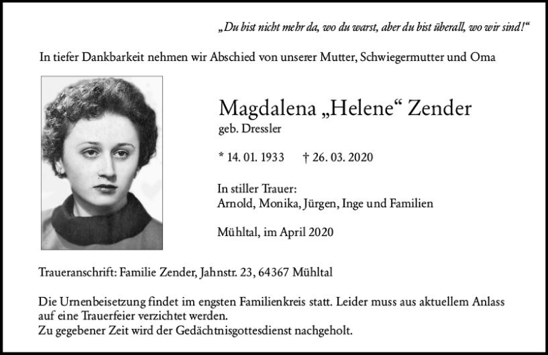  Traueranzeige für Magdalena  Zender vom 04.04.2020 aus vrm-trauer