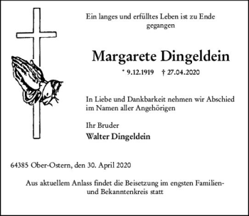 Traueranzeige von Margarete Dingeldein von vrm-trauer