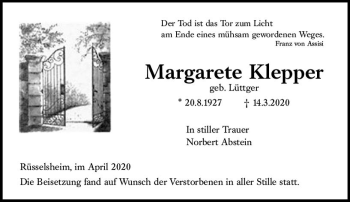 Traueranzeige von Margarete Klepper von vrm-trauer