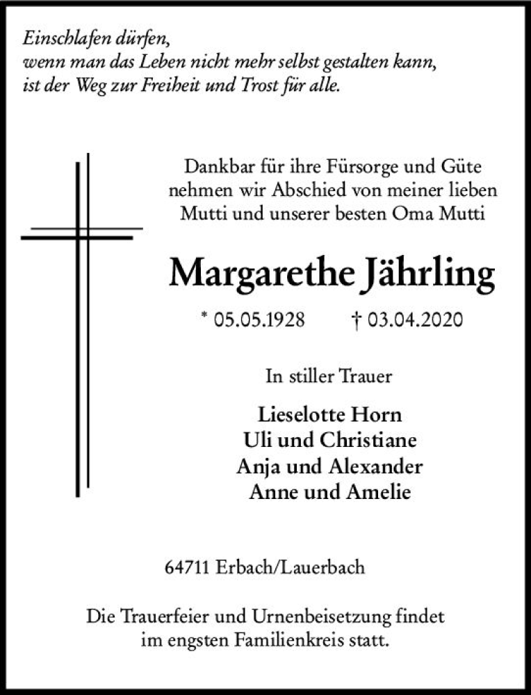  Traueranzeige für Margarethe Jährling vom 11.04.2020 aus vrm-trauer