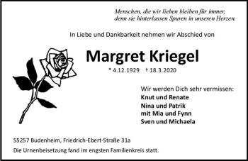 Traueranzeige von Margret Kriegel von vrm-trauer