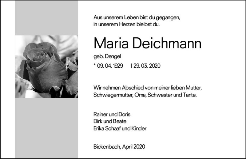  Traueranzeige für Maria Deichmann vom 11.04.2020 aus vrm-trauer