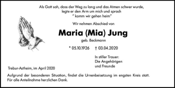 Traueranzeige von Maria Jung von vrm-trauer