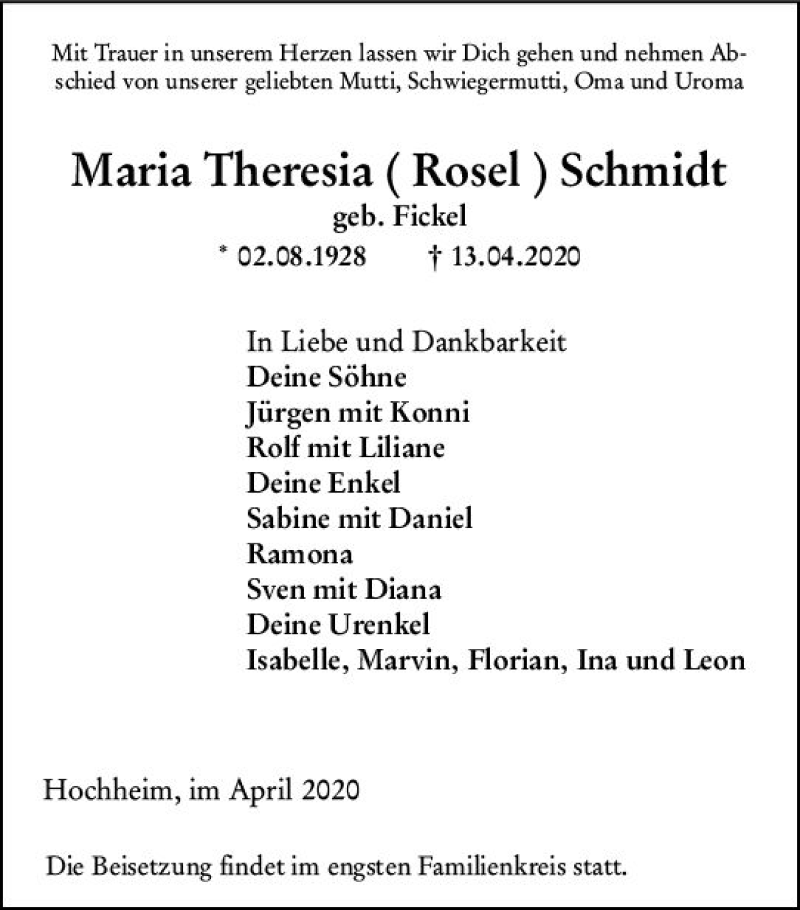  Traueranzeige für Maria Theresia Schmidt vom 17.04.2020 aus vrm-trauer