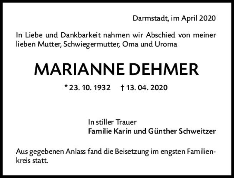  Traueranzeige für Marianne Dehmer vom 25.04.2020 aus vrm-trauer