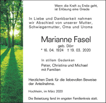 Traueranzeige von Marianne Fase von vrm-trauer