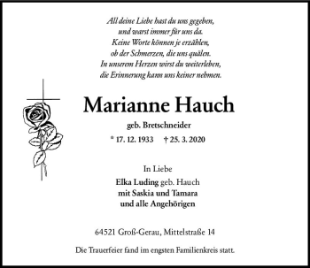 Traueranzeige von Marianne Hauch von vrm-trauer