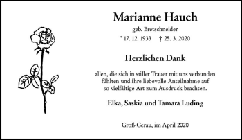 Traueranzeige von Marianne Hauch von vrm-trauer