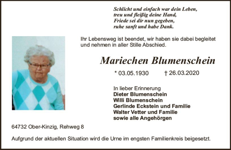  Traueranzeige für Mariechen Blumenschein vom 04.04.2020 aus vrm-trauer