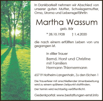 Traueranzeige von Martha Wassum von vrm-trauer