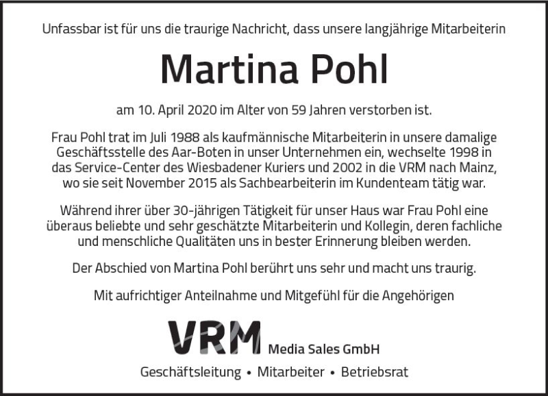  Traueranzeige für Martina Pohl vom 25.04.2020 aus vrm-trauer