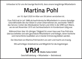 Traueranzeige von Martina Pohl von vrm-trauer