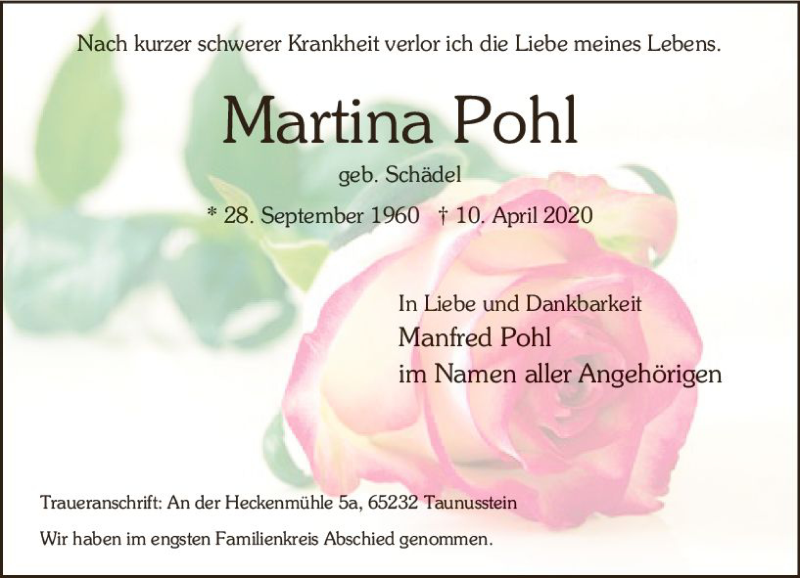  Traueranzeige für Martina Pohl vom 25.04.2020 aus vrm-trauer
