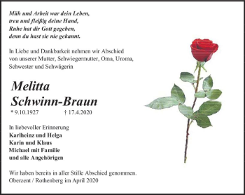 Traueranzeige von Melitta Schwinn-Braun von vrm-trauer