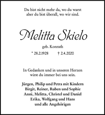 Traueranzeige von Melitta Skielo von vrm-trauer