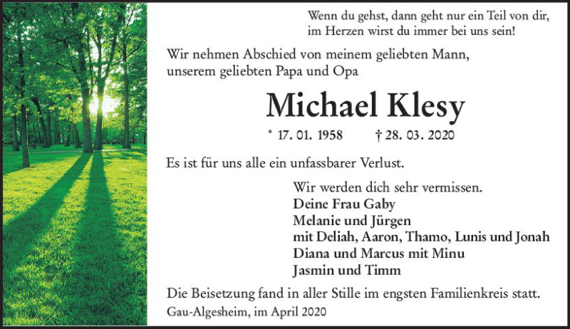 Traueranzeige für Michael Klesy vom 11.04.2020 aus vrm-trauer
