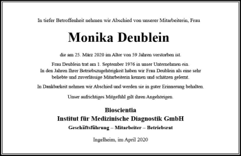 Traueranzeige von Monika Deublein von vrm-trauer