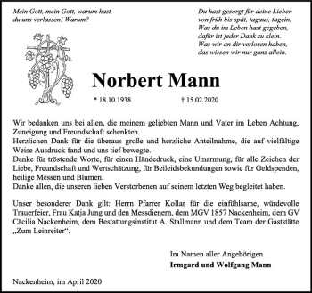 Traueranzeige von Norbert Mann von vrm-trauer