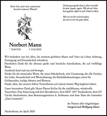 Traueranzeige von Norbert Mann von vrm-trauer