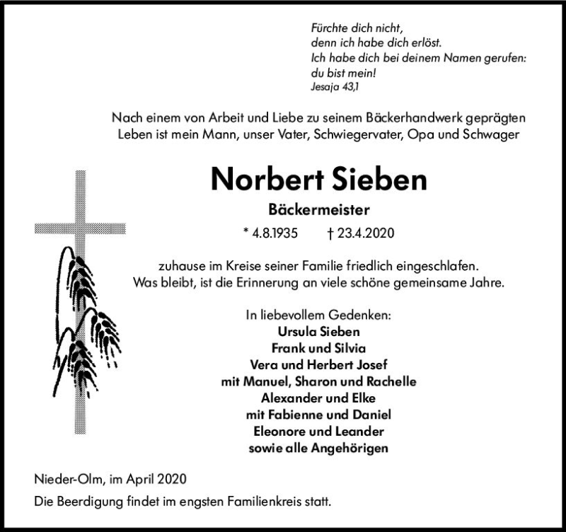  Traueranzeige für Norbert Sieben vom 28.04.2020 aus vrm-trauer
