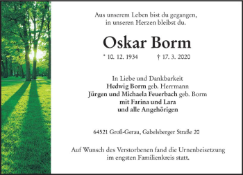 Traueranzeige von Oskar Borm von vrm-trauer