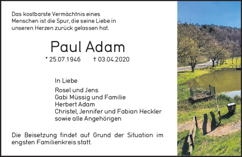  Traueranzeige für Paul Adam vom 09.04.2020 aus vrm-trauer