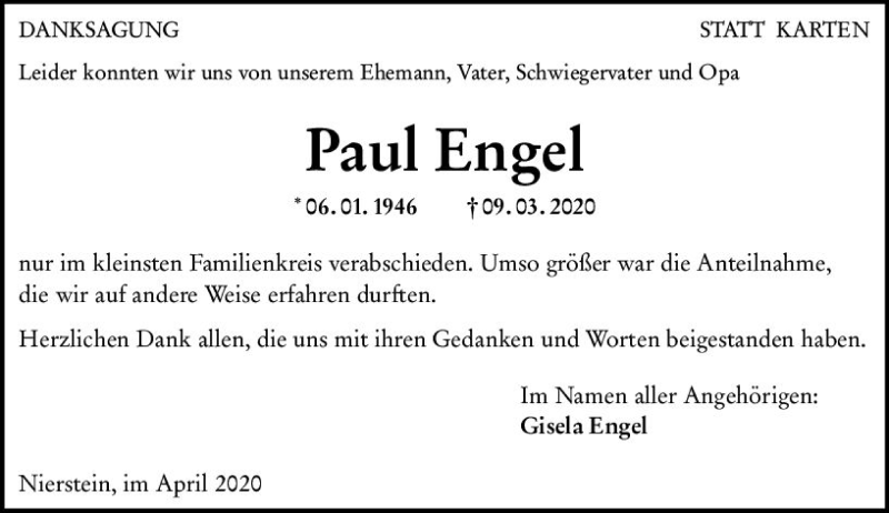  Traueranzeige für Paul Engel vom 18.04.2020 aus vrm-trauer