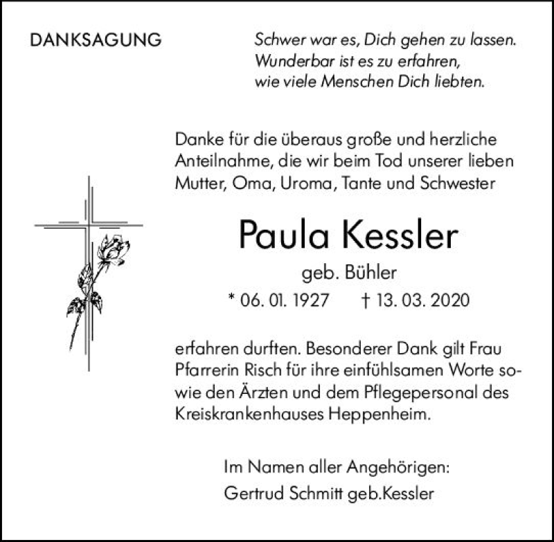 Traueranzeige für Paula Kessler vom 25.04.2020 aus vrm-trauer