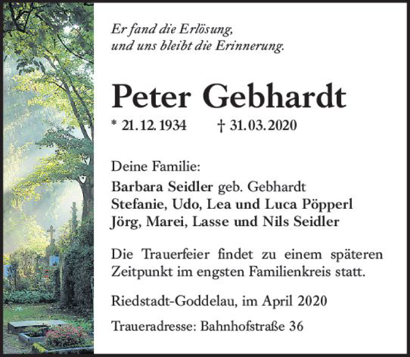  Traueranzeige für Peter Gebhardt vom 08.04.2020 aus vrm-trauer