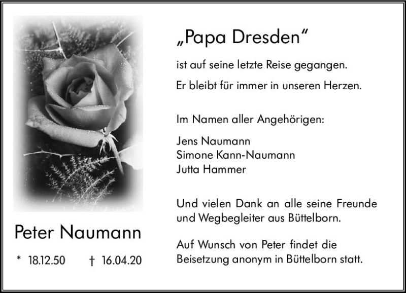  Traueranzeige für Peter Naumann vom 25.04.2020 aus vrm-trauer