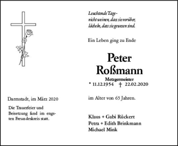 Traueranzeige von Peter Roßmann von vrm-trauer