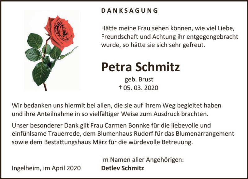  Traueranzeige für Petra Schmitz vom 04.04.2020 aus vrm-trauer