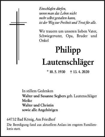 Traueranzeige von Philipp Lautenschläger von vrm-trauer