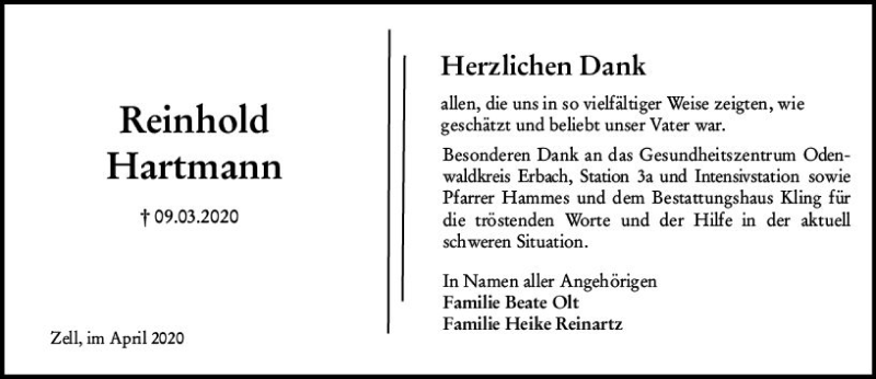  Traueranzeige für Reinhold Hartmann vom 04.04.2020 aus vrm-trauer