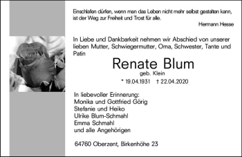 Traueranzeige von Renate Blum von vrm-trauer