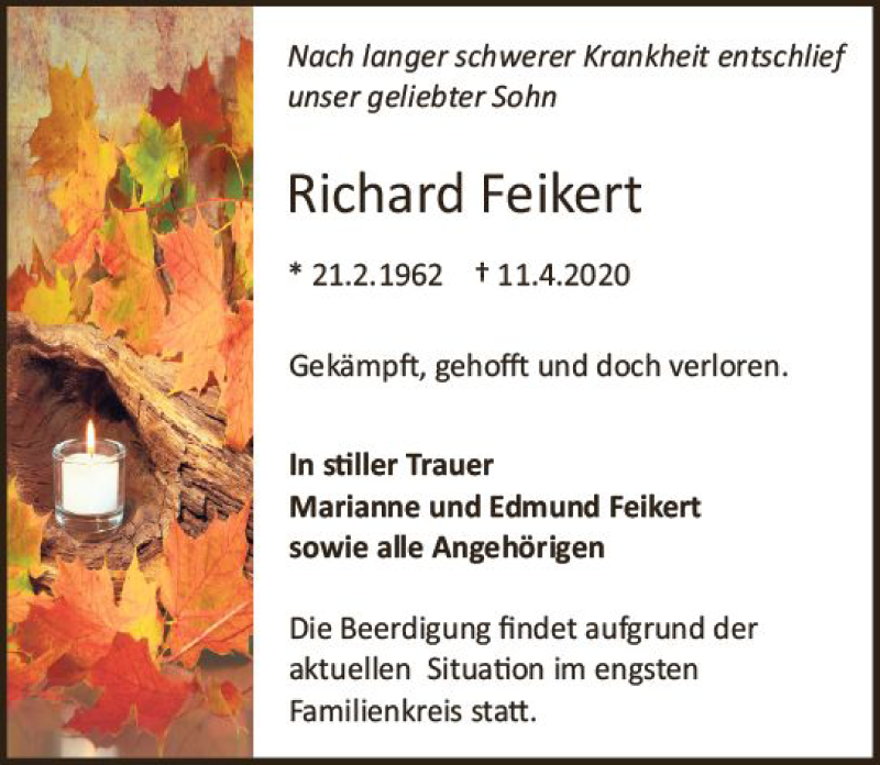  Traueranzeige für Richard Feikert vom 18.04.2020 aus vrm-trauer