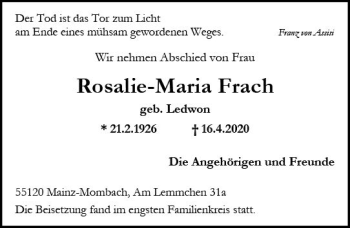 Traueranzeige von Rosalie-Maria Frach von vrm-trauer